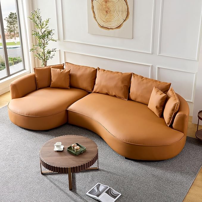 KEIKI 129" Curved Oversized Modular Bonded Leather Sectional Sofa with Left Chaise, 4 Pillows, 3 Back Cushion, Modern Comfy 5-Seater Couch, Easy Assembly, for Apartment, Living Room, Orange
