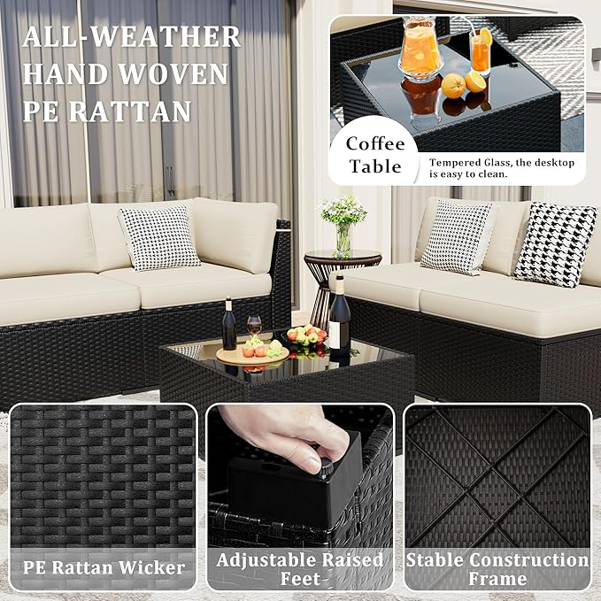 8 Pieces Outdoor Patio Furniture Set with 44" Fire Pit Table Black Rattan Sectional Conversation Sets w/Gas Fire Pit, Coffee Table, 1 Waterproof Covers, Khaki