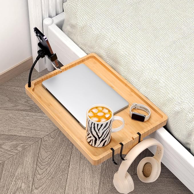 Bedside Shelf for Dorm Bed & Top Bunk, Bamboo Bed Side Table Tray with Cup Phone Holder & Hooks, Bedside Caddy, Clip on Nightstand Bedside Storage College Dorm Room Essentials (Bamboo) - Image 6