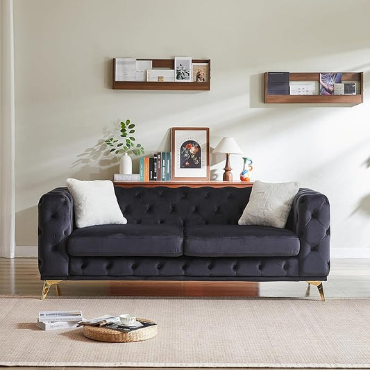 KEIKI 83" Luxury Oversized Velvet Chesterfield Sofa with 2 Pillows, Mid-Century Style 3-Seater Tufted Buttons Couch with High-Density Foam Cushions, Easy Assembly, for Apartment, Living Room, Black