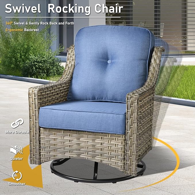 HOOOWOOO 5 Piece Patio Furniture Conversation Sets with Swivel Rocking Chairs,Outdoor Wicker Furniture with LED Tablet,All Weather Resistant High Back Rattan Conversational Set(Diamond Blue)