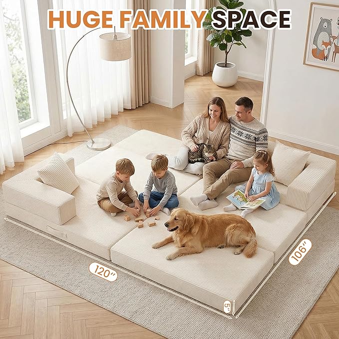 Modular Sectional Sofa, Boneless Convertible Oversized Sleeper Sofa Bed, Modern Tri-Folding Cloud Couch with L-Shape Chaise, Corduroy Futon Couches for Living Room Small Spaces Apartment,No Assembly