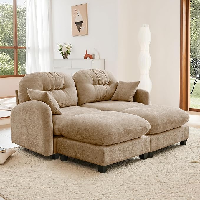 KEIKI 74" Oversized Chenille Modular Sectional Loveseat Sofa with 2 Ottoman, High-Density Foam Cushions, Tufted Pleated Cushion Backrest, Modern 2-Seater Couch with 2 Pillow, for Living Room, Camel