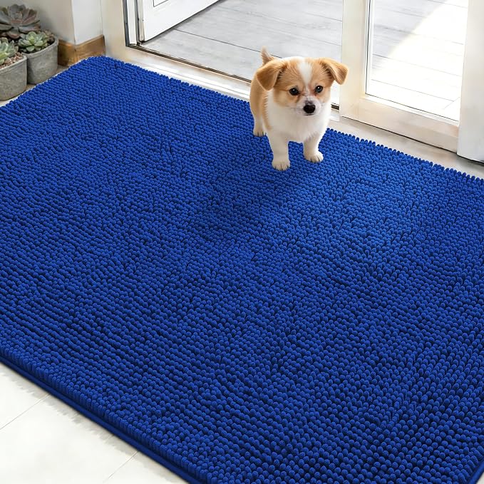 OLANLY Dog Door Mat for Muddy Paws 48x30, Absorbs Moisture and Dirt, Absorbent Non-Slip Washable Doormat, Quick Dry Chenille Mud Mat for Dogs, Entry Indoor Entryway Carpet for Inside Floor, Royal Blue by OLANLY