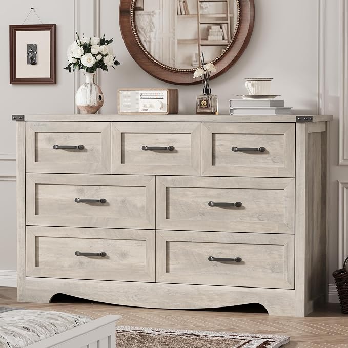 Dresser for Bedroom with 7 Drawers, 58" Wide Wood Chest of Drawers with Deep Drawers & Mental Handle, Modern Dresser TV Stand, Wooden Closet Storage Organizer for Living Room, Hallway, Entryway, Grey by Xixini