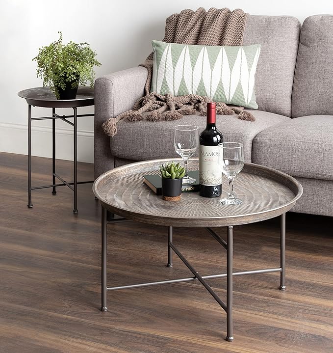 Kate and Laurel Mahdavi Boho-Chic Hammered Metal Tray Coffee Table, Brushed Silver
