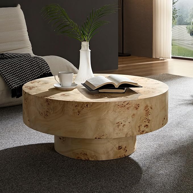 WILLIAMSPACE 31.49" Round Coffee Table with Burl Wood Veneer & Pedestal, Modern Wood Circle Drum Center Table for Living Room, Circular Accent Side End Table for Apartment, 13.77" H (Natural Burl)
