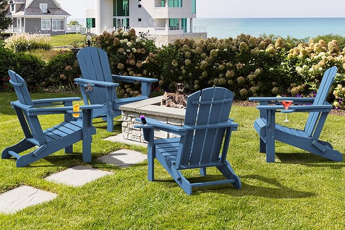 SERWALL Folding Adirondack Chair, HDPE Adirondack Chairs, Plastic Outdoor Chairs- Looks Exactly Like Real Wood- Navy - Image 9
