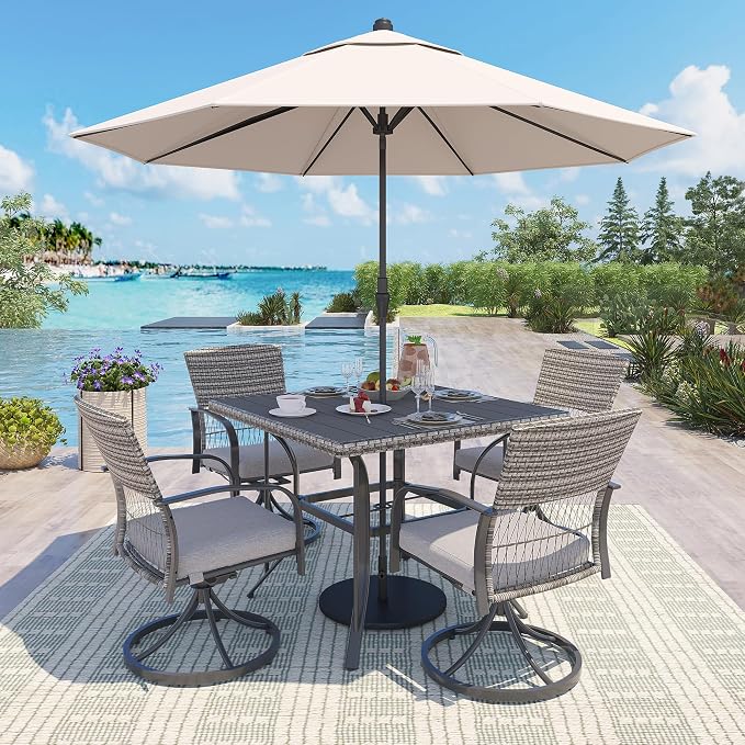 Pamapic 5-Piece Outdoor Dining Set with Swivel Chairs, Rattan Patio Furniture for Backyard, Deck, Garden, Weather-Resistant Iron Slats Table & 4 Chairs with Removable Cushions (Grey) - Image 7