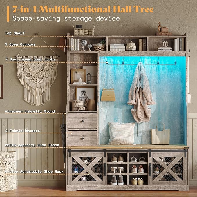 AMERLIFE 7-in-1 Farmhouse Hall Tree with Bench and Shoe Cabinet, LED Entryway Bench with 2 Drawers,12 Shoe Cubbies & Barn Doors, 7 Coat Racks & Adjustable Shelf, Rustic Gray - Image 3