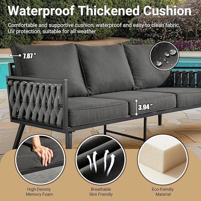 Weaxty Modern Patio Furniture Set 6 Piece, Rope Outdoor Patio Conversation Sets Sectional Sofa Swivel Chairs Table Ottoman, All Weather Metal Balcony Furniture for Backyard Garden, Black
