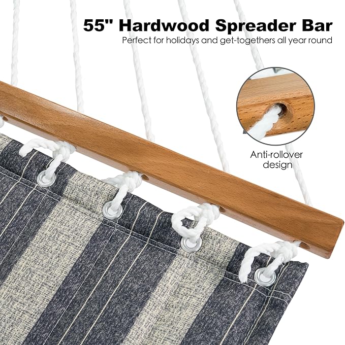 GAFETE Hammock 2 Person Quilted Fabric Hammocks for Outside, Double 12ft Hammocks with Spreader Bar, Large Removable Pillow, Storage Bag, Carabiners, Max 475 lbs Capacity (Mountain Mist Gray) - Image 4