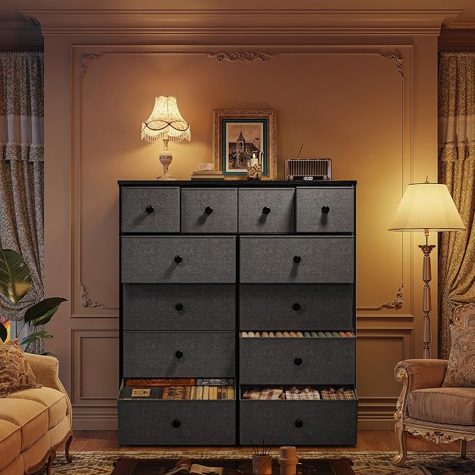 Romorgniz Dresser for Bedroom Tall Dresser with 12 Drawers Fabric Dressers & Chests of Drawers, Bedroom Dresser with Metal Frame, Wood Top, Entryway Living Room Closet, Grey - Image 9