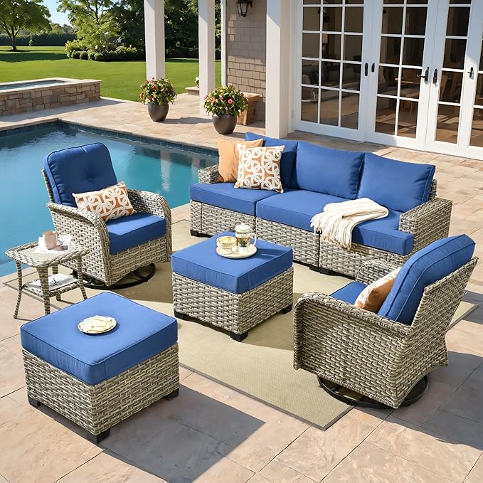 ovios 8 Piece Patio Sectional Furniture with Swivel Rocking Chairs, Rattan Wicker Coversation Set with Glowing Coffee Table, Outdoor Sofa Set for Outside Porch Balcony Backyard Pool, Navy Blue