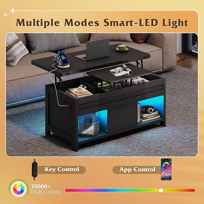 WLIVE 40" Lift Top Coffee Table, 4 in 1 Coffee Tables with Storage, 2 Fabric Drawers, LED Light and USB, Modern Coffee Table with Hidden Compartment for Living Room, Dining Room, Black