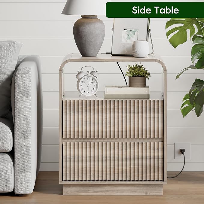 Wodeer Grey Nightstand with Charging Station, Mid Century Modern Bedside Table & End Table, Fluted Wood Small Night Stand with 2 Hidden Drawers and Storage Shelf for Bedroom, Gray - Image 5