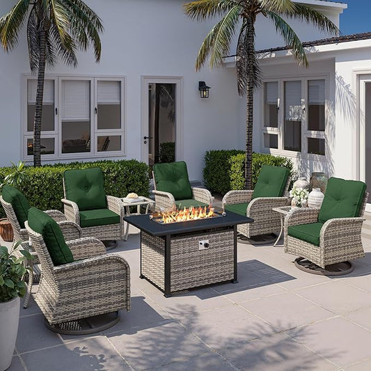 10Pcs Patio Rocking Swivel Chair with 55,000 BTU Fire Pit Table Outdoor Wicker Rattan Bistro Set with Tempered Glass Side Table, Outdoor Patio Furniture Set for Garden and Balcony, Green