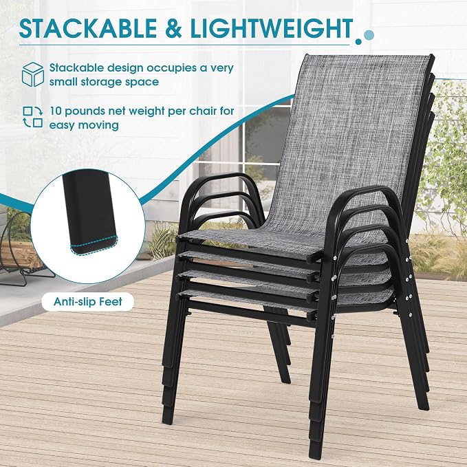 Outdoor Stackable Chairs Set of 4, Stacking Patio Chairs with Textilene Fabric, Outside Furniture for Garden Backyard Balconie Poolside Deck, Grey - Image 5