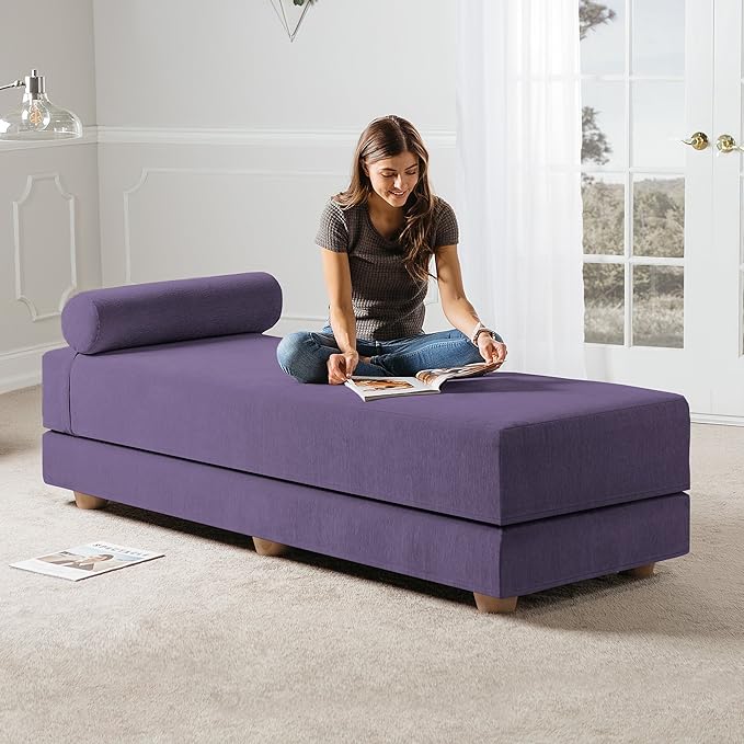 Jaxx Alon Daybed - Fold-Out Sleeper Chaise with Premium Memory Foam Queen-Size Mattress - Made in The USA, Plum