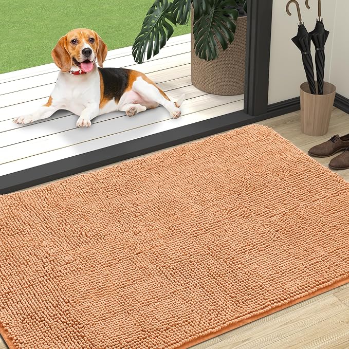 OLANLY Dog Door Mat for Muddy Paws 59x35, Absorbs Moisture and Dirt, Absorbent Non-Slip Washable Doormat, Quick Dry Chenille Mud Mat for Dogs, Entry Indoor Entryway Carpet for Inside Floor, Orange - Image 8