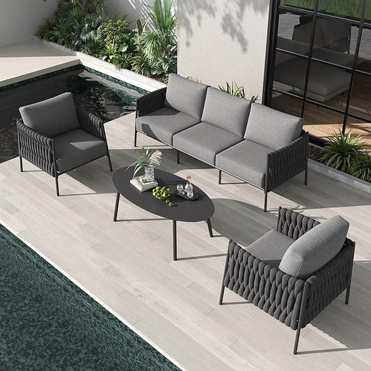LayinSun 4 Piece Outdoor Furniture Set with Coffee Table, Modern Rope Woven Patio Conversation Sofa Set with Olefin Braid and Deep Seating