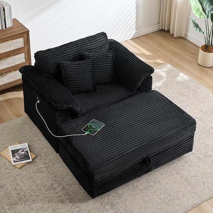 KEIKI 47.24 inch Corduroy Sofa, Wide Corduroy Armchair with Storage Feet and 2 Throw Pillows, Sleeper Couch for Living Room, Apartment, Salon, Home Theater, Black
