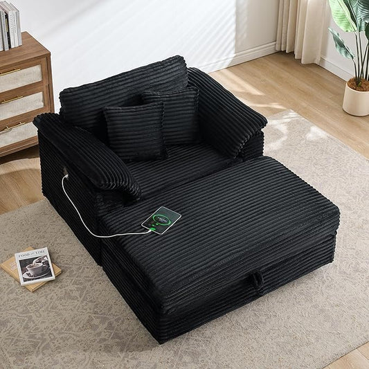 KEIKI 47.24 inch Corduroy Sofa, Wide Corduroy Armchair with Storage Feet and 2 Throw Pillows, Sleeper Couch for Living Room, Apartment, Salon, Home Theater, Black