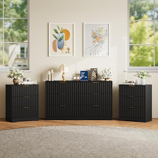 6 Drawer Dresser and Nightstand Sets for Bedroom, Modern Fluted 3 Pcs Bedroom Dresser Furniture Sets, Wood Chest of Drawers and Nightstand Set of 2 with Metal Handles, Black