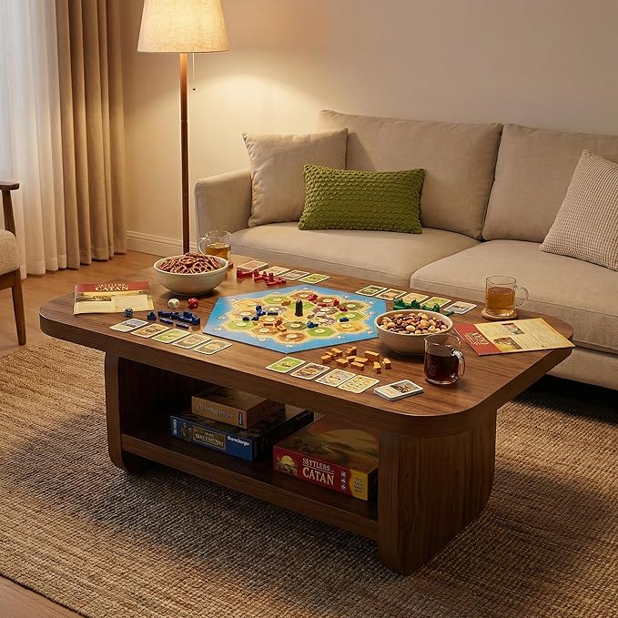 LITTLE TREE Wooden Coffee Table, 47.2" Center Table with Storage, Modern Farmhouse Rectangle Living Room Tables with Rounded Corners for Living Room, Bedroom, Kids Room, Home Office, Brown