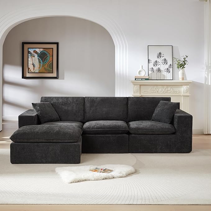 Ball & Cast 108" Modular Sectional Sofa, L Shaped Modular Sectional Couch Deep Seat with Movable Ottoman, Upholstered Convertible Comfy 4 Seater Chenille Sofa for Living Room, Apartment,Black