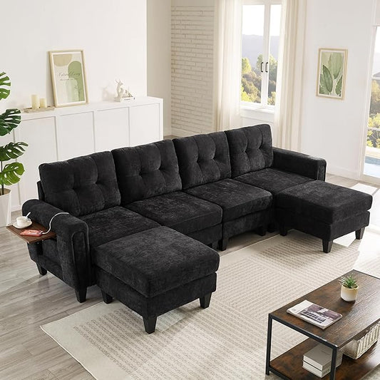 ERYE 115-Inch U-Shaped Modular Sectional Sofa Include 2 Ottomans and 4 Seat, Comfy Chenille Upholstered Tufted U Shaped Sectional Couch W/Coffee Table and USB-C Ports