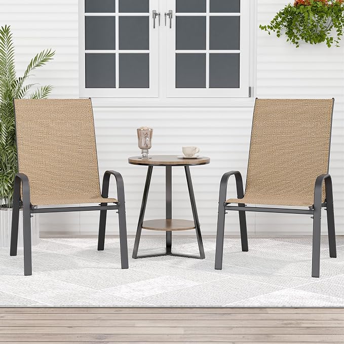 Patio Chairs Set of 2, Outdoor Dining Chairs Stackable for All Weather, Breathable Metal Modern Outside Furniture Chair for Pool Side, Garden, Backyard Deck, Brown - Image 2
