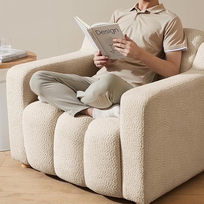 Modern Oversized Living Room Chairs, 40" Wide Boucle Accent Chairs with Deep Seat and Wooden Legs, Comfy Reading Arm Chair for Bedroom, Apartment, Beige