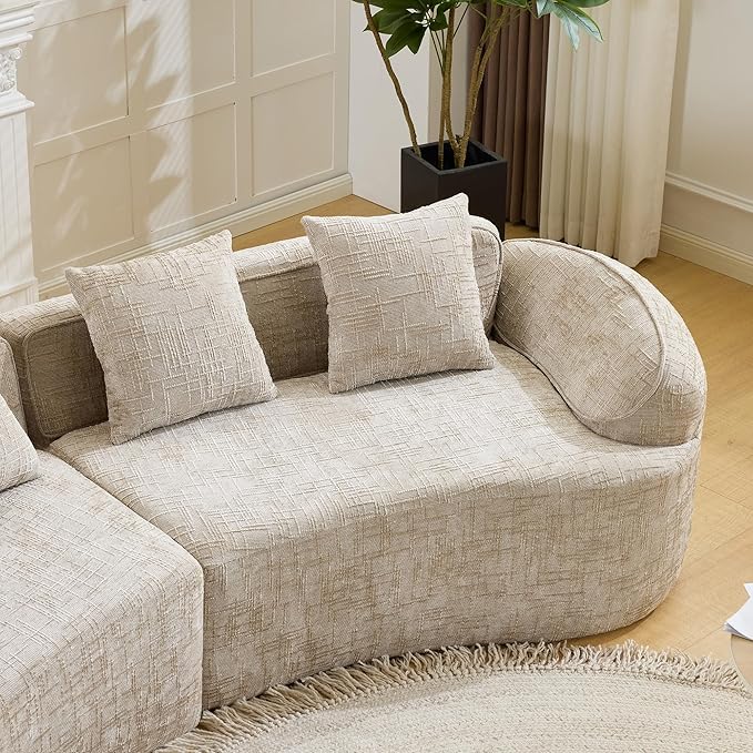 109-Inch Curved Boneless Sofa Couches Compressed 4-Seat Foam Couch for Living Room Bedroom, Boneless Modular Cloud Sofa Curved Floor Couch with 4 Pillows, No Assembly