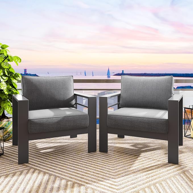 Solaste Patio Furniture Metal Armchair,2 PCS All-Weather Aluminum Garden Outdoor Contemporary Sofa Chair with Cushions, Grey - Image 6