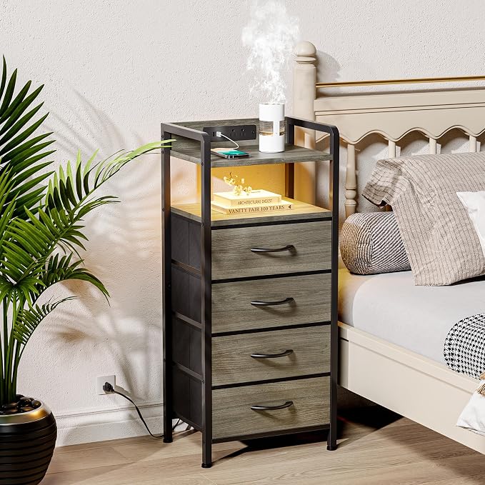 Lazzanto Grey NightStand with Charging Station - Morden Nightstand with USB Ports & AC Outlets, Grey End Table with Storage Shelf & 4 Fabric Drawers, LED Light Strip - Image 2