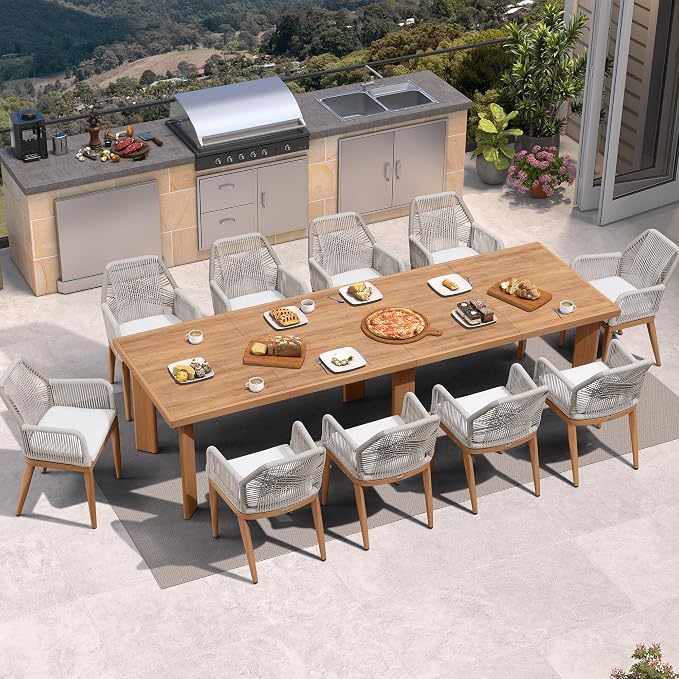 PURPLE LEAF 11 Pieces Patio Dining Set Aluminum Modern Rectangular Table and Rattan Arm Chairs with Cushions for Kitchen Porch Garden Outdoor Furniture Sets, Teak - Image 2