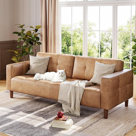 GarveeHome 3-Seater Sofa Couch, 83 in Wide Faux Leather Sofa Couch with Spring Cushion, Modern Sofa with Deep Seats and 2 Removable Back Cushions, for Living Room, Bedroom, Apartment, Office, Brown