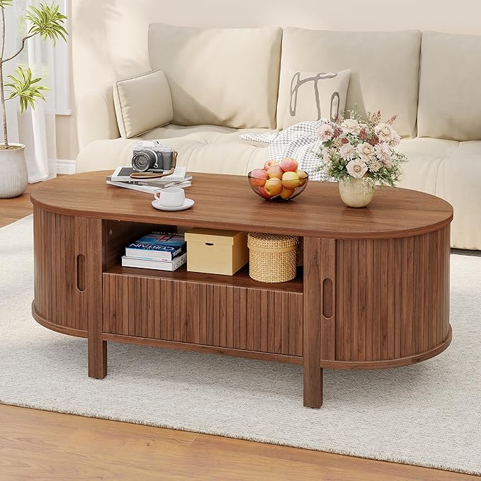 47" Oval Coffee Table, Tambour Design Coffee Tables for Living Room, Mid Century Modern Wood Coffee Table, 3-Tier Accent Center Table with Storage, Large Drawer, Walnut