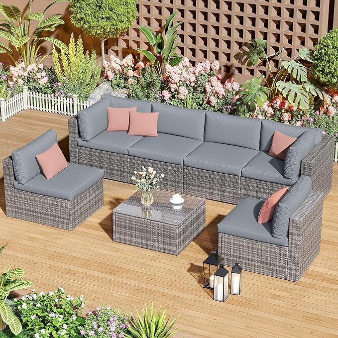 7 Piece Patio Furniture Sets All Weather Gery PE Wicker Couch Sofa with Glass Table, Removable Grey Cushions