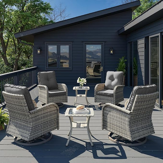 6-Piece Patio Rocking Swivel Chair Outdoor Wicker Rattan Bistro Set High Backrest, Patio Conversation Set Outdoor Patio Furniture Set for Garden, Deck, and Balcony, Grey