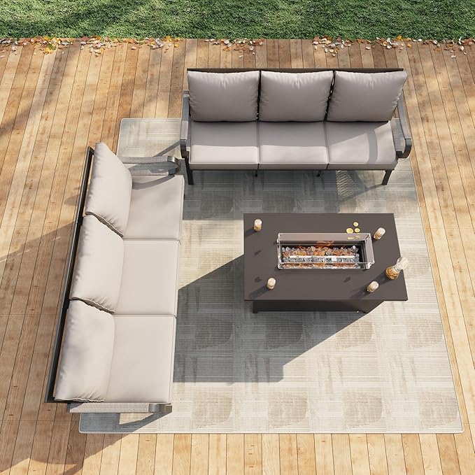 3 Pieces Outdoor Patio Conversation Sets, Outdoor Furniture Set Metal 2 Three-Seater Sofas with Fire Pit Table for Backyard Deck Porch Poolside, Beige