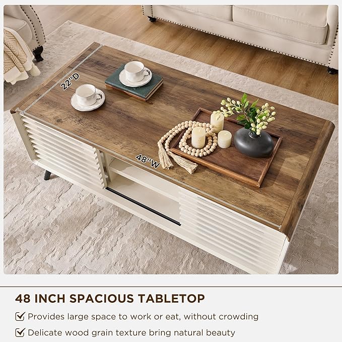OKD Lift Top Coffee Table Sliding Slatted Door, 48" Mid Century Modern Wood Center Table Hidden Storage Compartment & Adjustable Shelf, Lift Tabletop Dining Table for Living Room,Antique White
