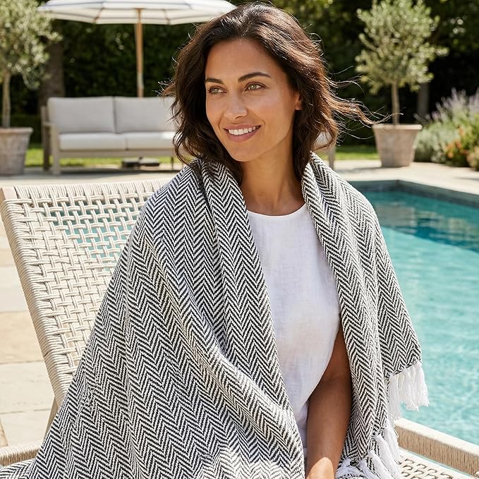Americanflat 50x60 Throw Blanket - Soft and Breathable Cotton Throw Blanket for Couch, Bed, Chair - Decorative Blankets Perfect for Home, Office, or Outdoor Use - Black and White Herringbone Design