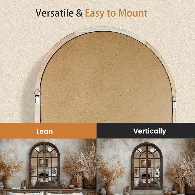 AMOISE Arched Wall Mirror with Window Pane Design 38 x 26 Inch Rustic Farmhouse Wood Decorative Mirror for Living Room Bedroom Entryway - Image 7
