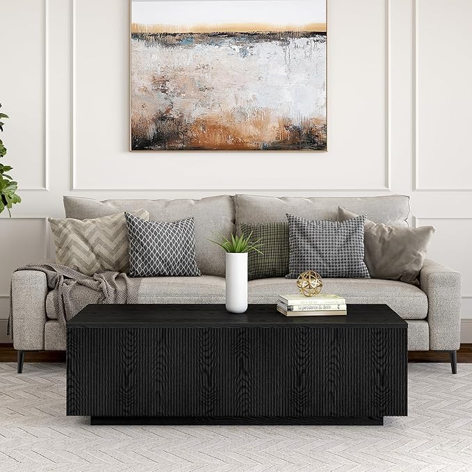 Henn&Hart 48" Fluted Rectangular Low-Profile Coffee Table with Ribbed Sides for Living Room, Family Room, or Office, Natural Black