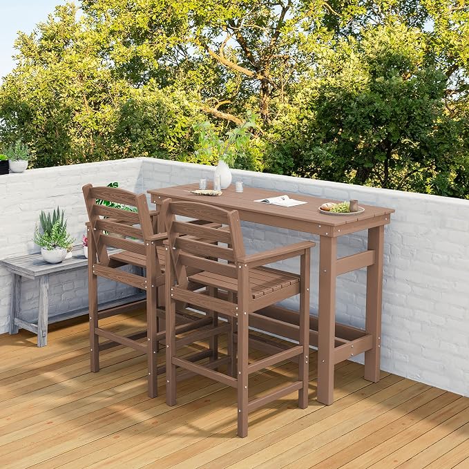 SERWALL Outdoor Bar Set - 2 Adirondack Bar Chairs & Bar Height Table with 1.6" Umbrella Hole, All-Weather HDPE Patio Furniture for Poolside, Backyard, Garden - Brown - Image 7