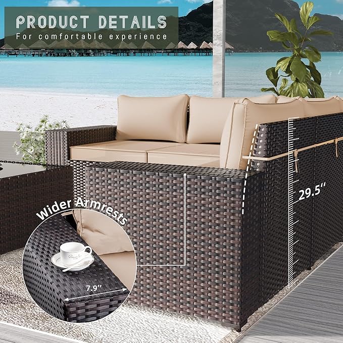 13 PCS Outdoor Patio Furniture Set,Outdoor Sectional Furniture with 43" 55000 BTU Gas Propane Fire Pit Table,All Weather PE Rattan Wicker Patio Conversation Set,Sand