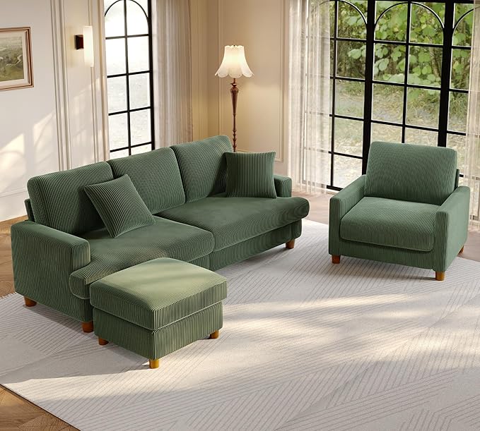 87.2" Couches for living room, Comfy Sectional Couch Green 7.5" Thicker Cushion, Sofas for Living Room Tool-Free Setup, Accent Chair with Ottoman 848lbs Support, Corduroy Couch for Home Office