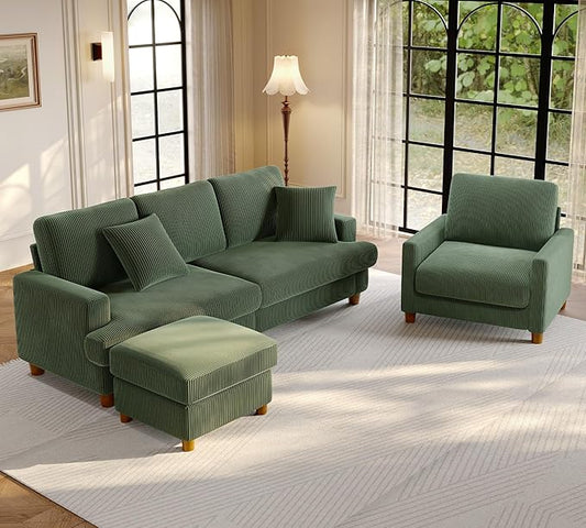 87.2" Couches for living room, Comfy Sectional Couch Green 7.5" Thicker Cushion, Sofas for Living Room Tool-Free Setup, Accent Chair with Ottoman 848lbs Support, Corduroy Couch for Home Office